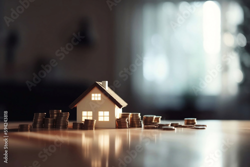 Business Investment Concept with Model House, Coins Stack, and Table Closeup on Blurred Background