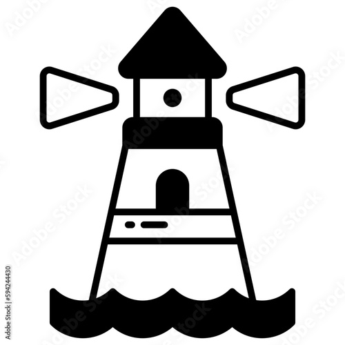 A tower containing a beacon light to warn or guide ships at sea, well designed icon of lighthouse