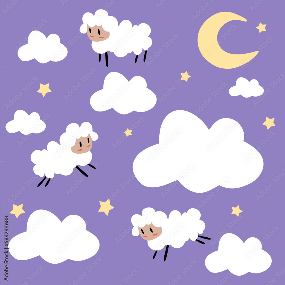 Cute cartoon sheep on the background of the night sky with clouds and the moon. Vector illustration of flying sheep.