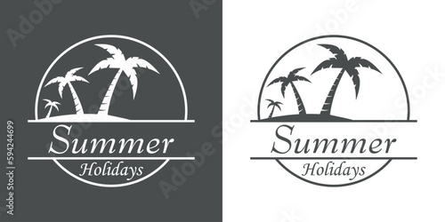 Destino de vacaciones. Logo aislado con texto manuscrito Summer Holidays con silueta de playa con la palma en círculo lineal