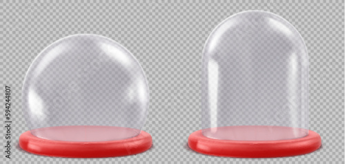 3d Christmas snow globes. Empty winter crystal ball isolated on transparent background. Clear glass domes on red base, Xmas souvenir or gift, vector realistic set