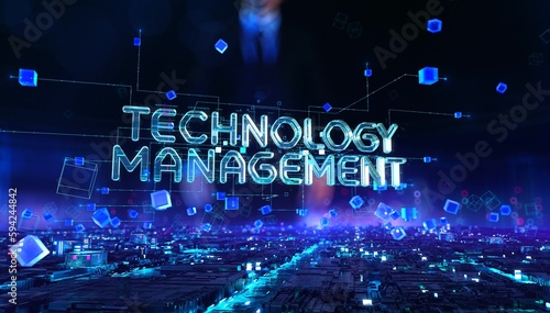 Technology Management - businessman working and touching with augmented virtual reality at night office.