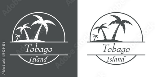 Destino de vacaciones. Logo aislado con texto manuscrito Tobago island con silueta de isla con la pama en círculo lineal