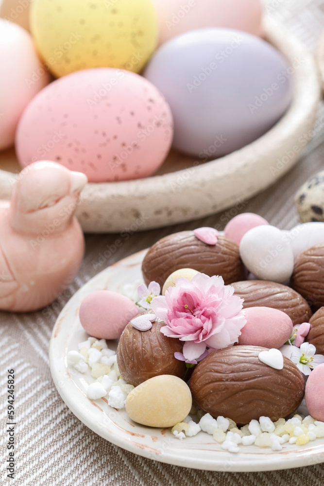 Chocolate Easter eggs decorated with flowers.