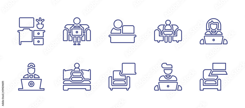 Telecommuting line icon set. Editable stroke. Vector illustration. Containing computer, telecommuting, working at home, worker, working.