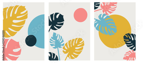 collection of modern simple abstract posters with colorful monstera leaves and circles on background