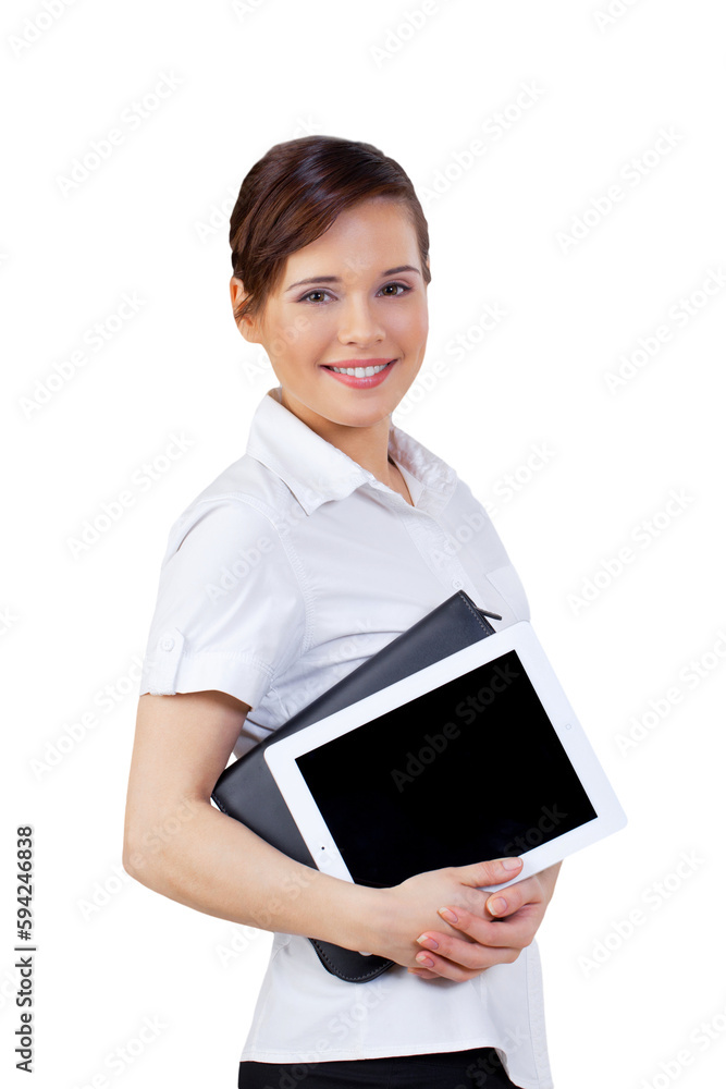 Smiliing Young Woman with File Folder and Tablet Smiliing Young Woman with File Folder and Tablet