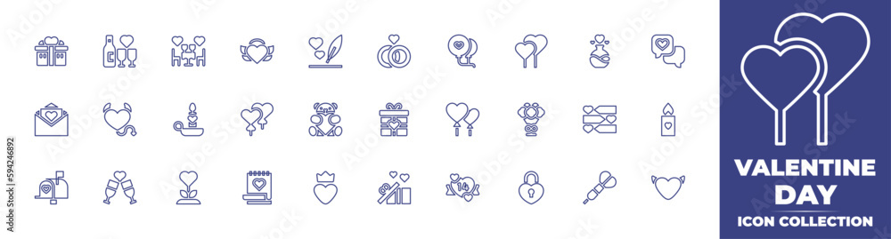 Valentine day line icon collection. Editable stroke. Vector illustration. Containing gift, romantic dinner, date, heart, love message, wedding rings, balloons, love potion, love letter, and more.