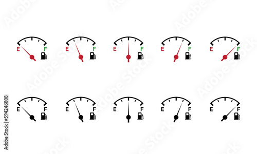 Fuel gauge icon in black, red and green color vector from empty to full tank of gas vector set