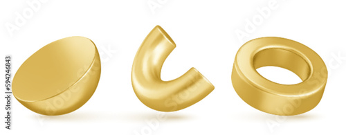 Isolated abstract geometric gold 3d shape vector object. Realistic golden torus and ring element on white background. Creative trendy geometry figure icon. Minimal half sphere and pipe set