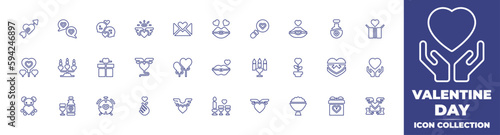 Valentine day line icon collection. Editable stroke. Vector illustration. Containing heart, love, chat, love letter, kiss, search, love potion, gift box, balloon, candelabra, gift, and more. © Huticon