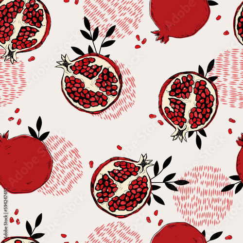 Vector garnet sketch pattern. Decorative fruits simless pattern on light background. 