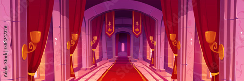 Medieval castle room, royal palace interior. Ancient building hall with windows, red curtains, carpet, gold chandeliers, pillars and flags, vector cartoon illustration