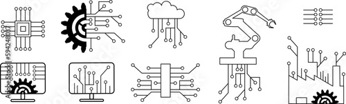 Symbole für Industrie 4.0 und Industrial AI - Digitale Daten und Elektronik