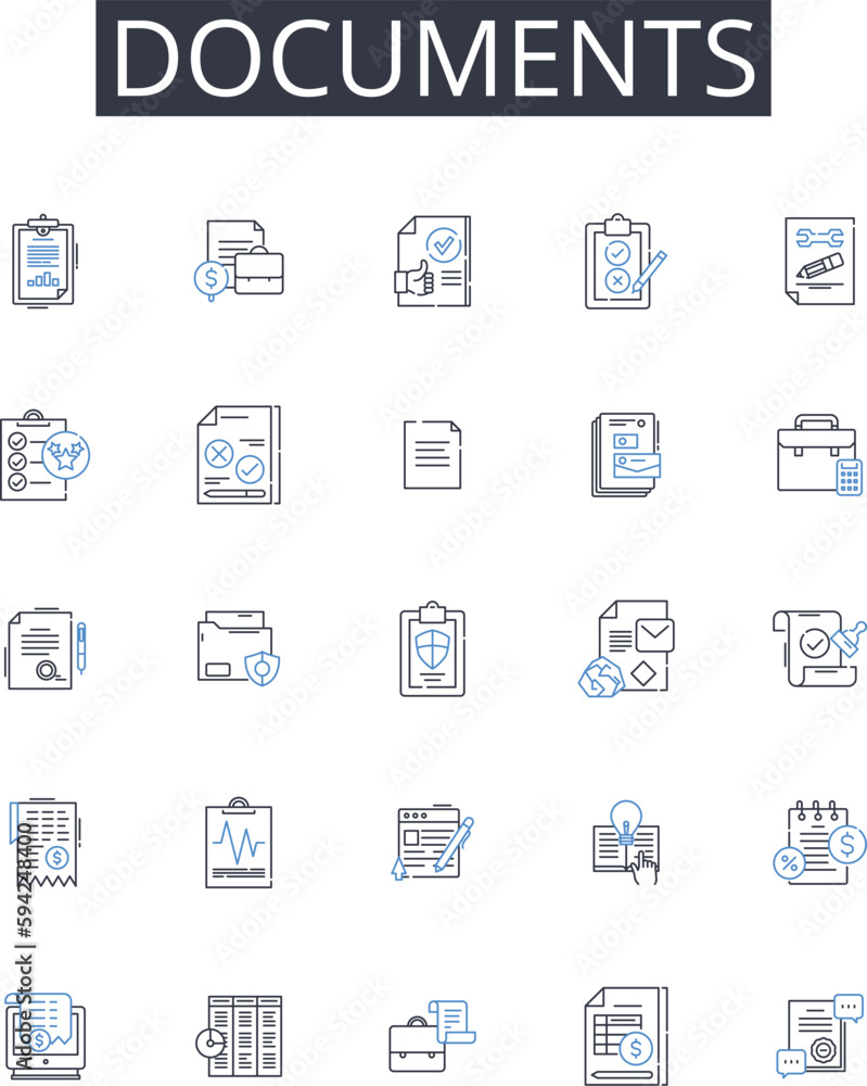 Documents line icons collection. Files, Papers, Records, Forms, Certificates, Archives, Agreements vector and linear illustration. Contracts,Depositions,Evidences outline signs set Documents line icons collection. Files, Papers, Records, Forms, Certificates, Archives, Agreements vector and linear illustration. Contracts,Depositions,Evidences outline signs set