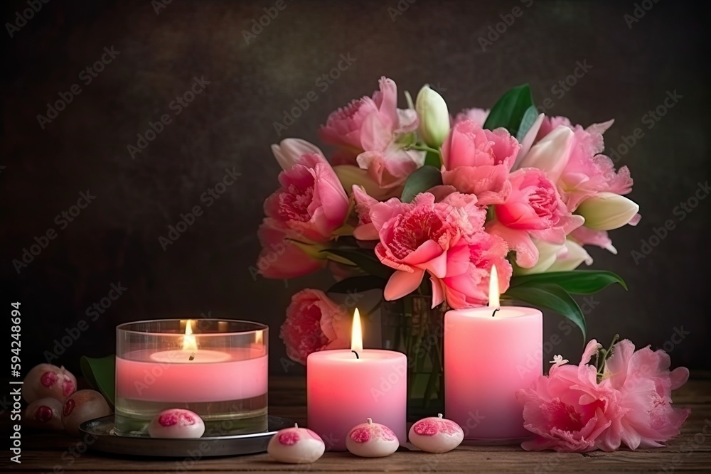 candles and pink flowers, ai generative candles and pink flowers, ai generative