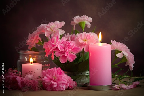 candles and pink  flowers  ai generative