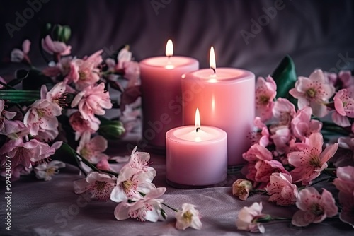 candles and pink  flowers  ai generative