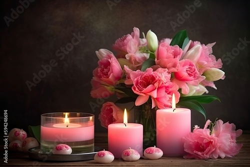 candles and pink flowers, ai generative