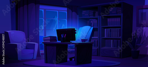 Home office interior with computer on desk, chair and bookcases at night. Empty dark work cabinet with monitor on table, armchair, curtains on window and books on shelves, vector cartoon illustration