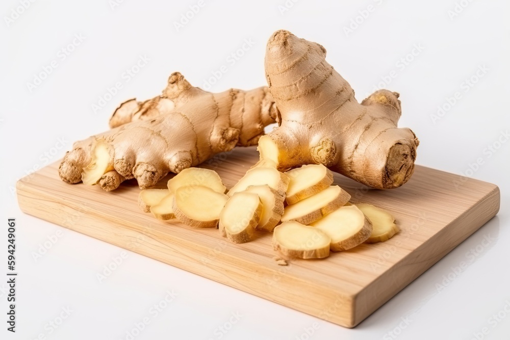 Close up, Fresh ginger rhizome with sliced and green leaves isolated on white background ginger roots on wooden table, ai generative