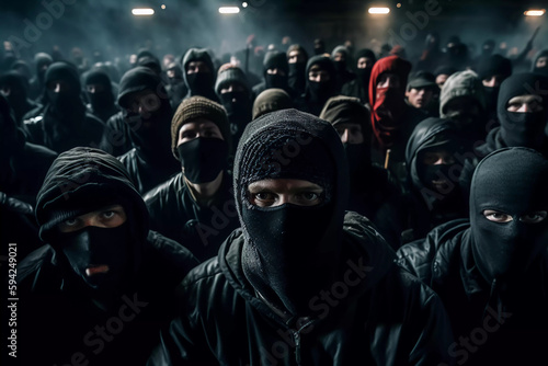 Hooligan Ultras in front of their mob, black dressed and masked, ready to riot