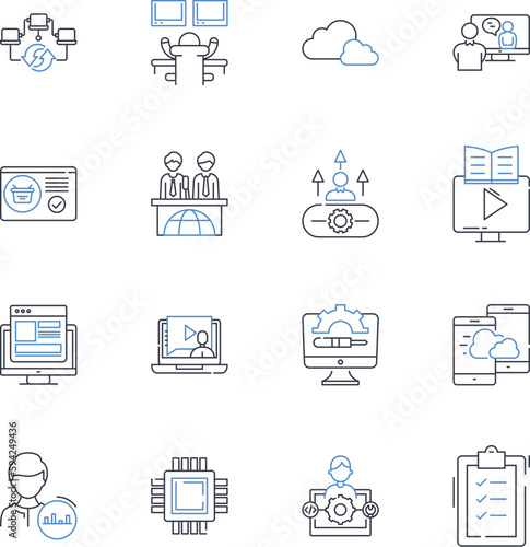 Cybernetic devices line icons collection. Cyborgs, Robotics, Augmented, Nano-tech, Implants, Smartphs, Virtuality vector and linear illustration. Cognitive,IoT,Biotech outline signs set