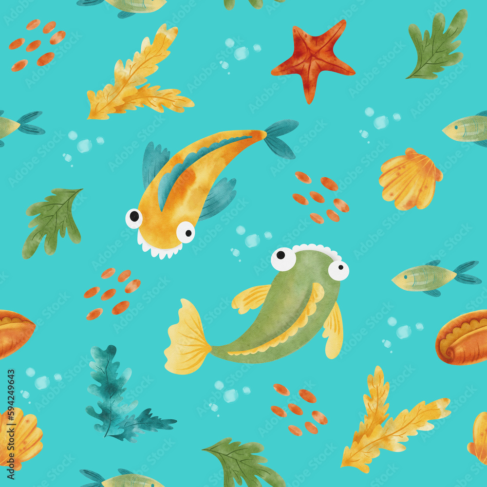 Sea theme pattern with funny fish