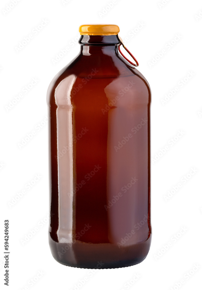 Brown glass beer bottle with yellow cap Brown glass beer bottle with yellow cap