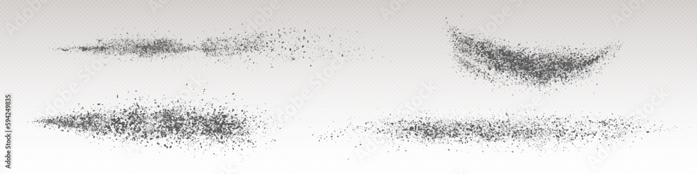 Realistic set of black powder splashes isolated on transparent background. Vector illustration of dust particles, ash, dirt scattered on surface top view. Abstract black paint stroke. Soil texture Realistic set of black powder splashes isolated on transparent background. Vector illustration of dust particles, ash, dirt scattered on surface top view. Abstract black paint stroke. Soil texture