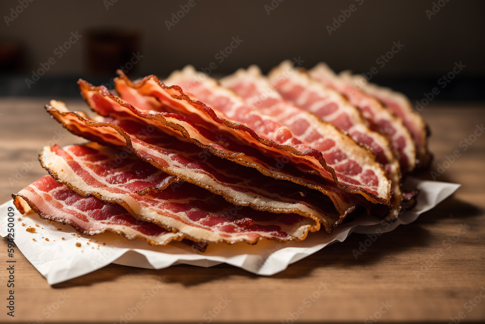 Delicious slices of smoked bacon on a wooden table. Generative AI Delicious slices of smoked bacon on a wooden table. Generative AI