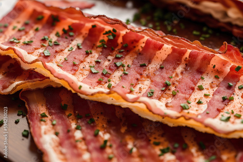 Delicious slices of smoked bacon on a wooden table. Generative AI