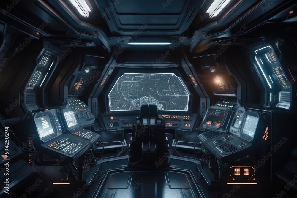 Dark sci-fi spaceship interior with button, monitor and display design. Generative Ai Dark sci-fi spaceship interior with button, monitor and display design. Generative Ai