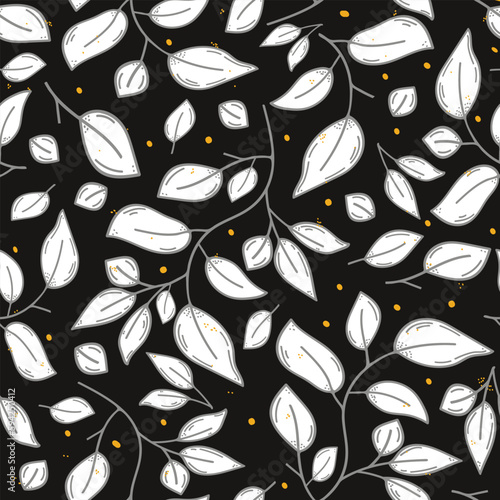 Moody and luxurious black and white leaves pattern with yellow dots