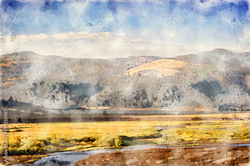 Digitally created watercolor painting of the Lamar River in Lamar Valley in Yellowstone National Park