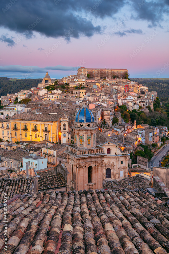 Ragusa Ibla, Sicily, Italy. Cityscape image of historical town Ragusa Isla, Sicily at sunset.