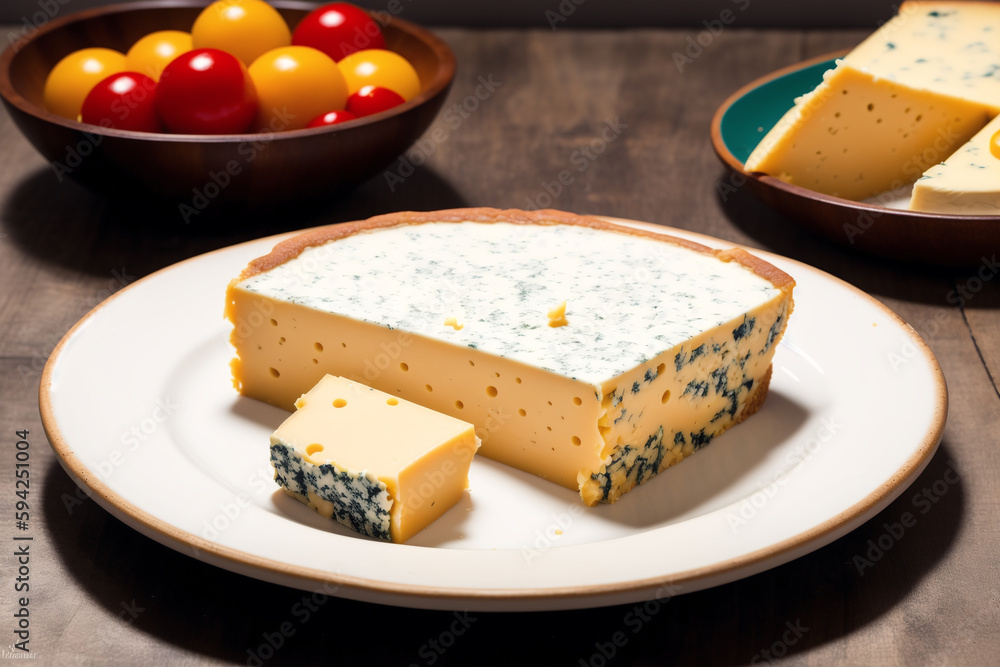 Cheese collection, variety of cheeses with tomatoes on wooden background. Generative AI Cheese collection, variety of cheeses with tomatoes on wooden background. Generative AI