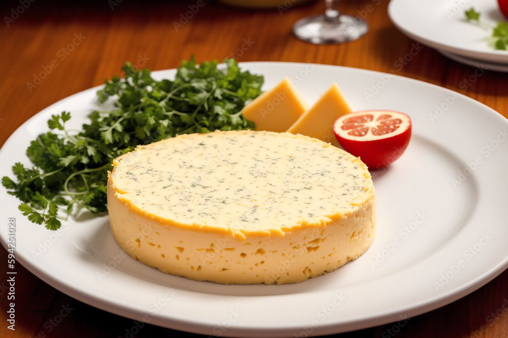 Cheese collection, variety of cheeses with tomatoes on wooden background. Generative AI Cheese collection, variety of cheeses with tomatoes on wooden background. Generative AI