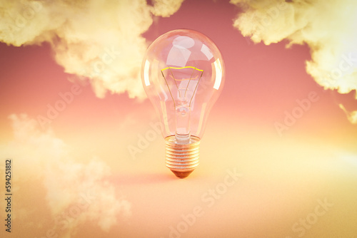 retro style lightbulb with glowing filament standing on infinite colorful background; creativity design concept; 3D Illustration