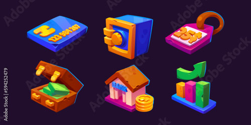 Finance icons of money, bank, safe and cash. Game symbols with briefcase with dollars, gold coins, credit card, shop tag and growth graph, vector cartoon illustration