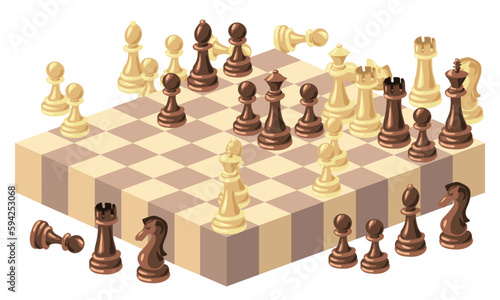 Chess isometric view of pieces on a wooden chessboard is a strategic sports game. Vector illustration. Chess cartoon, chess board. White and black wooden chess. Checkered board and light and dark