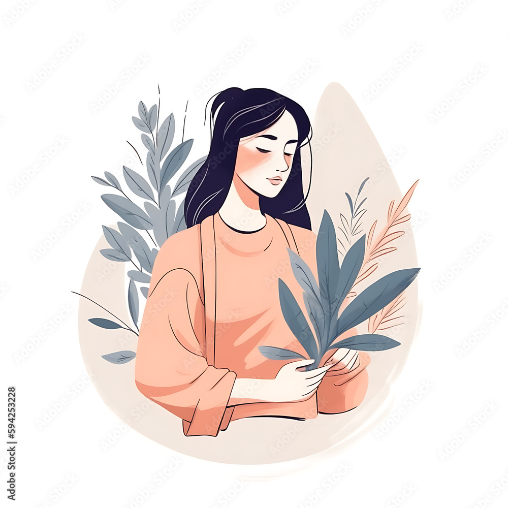florist in light orange jacket holding plant pot, Icon Illustration of Woman Embracing Flowers in Flat Cartoon Style with brunette Long Hair: A Vibrant and Expressive Design, generative ai florist in light orange jacket holding plant pot, Icon Illustration of Woman Embracing Flowers in Flat Cartoon Style with brunette Long Hair: A Vibrant and Expressive Design, generative ai