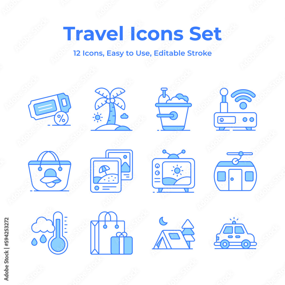 An essential travel icons collection with a island, beach bag, and cable car, indicating wanderlust, mobility, and adventure An essential travel icons collection with a island, beach bag, and cable car, indicating wanderlust, mobility, and adventure