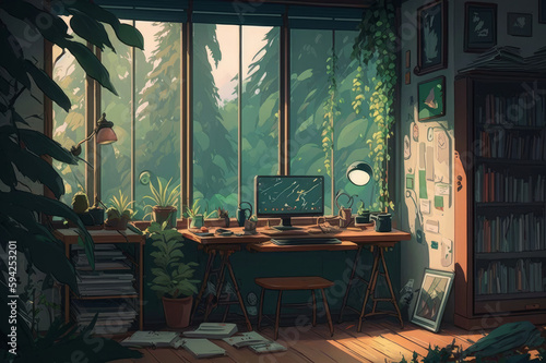 Mellow Indoor Setting Cluttered Workspace Window Panorama of a Woodland Rainforest Anime Manga Aesthetic Vibrant Relaxational Study Nook Comfy Tranquil Ambiance Lo-fi Beats and Ambient Lighting photo