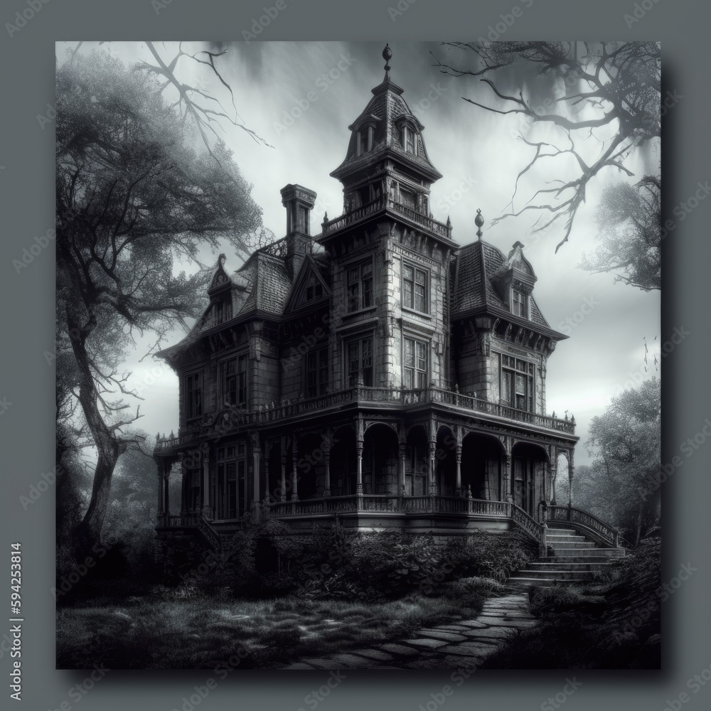 Obraz premium Black and white painting of a victorian house. Generative AI