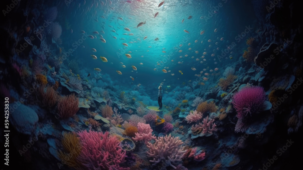 Underwater scene with colorful corals and fish. Generative AI