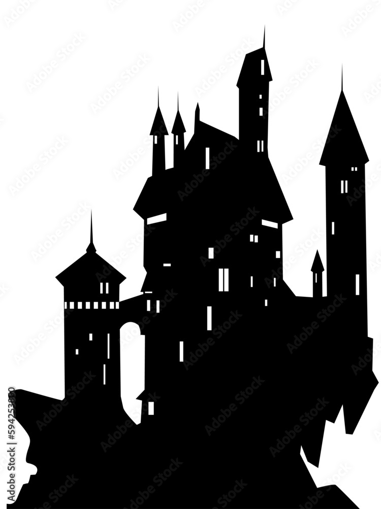 black and white vector illustration depicting an old castle for prints on banners, postcards and for decoration in vintage style
