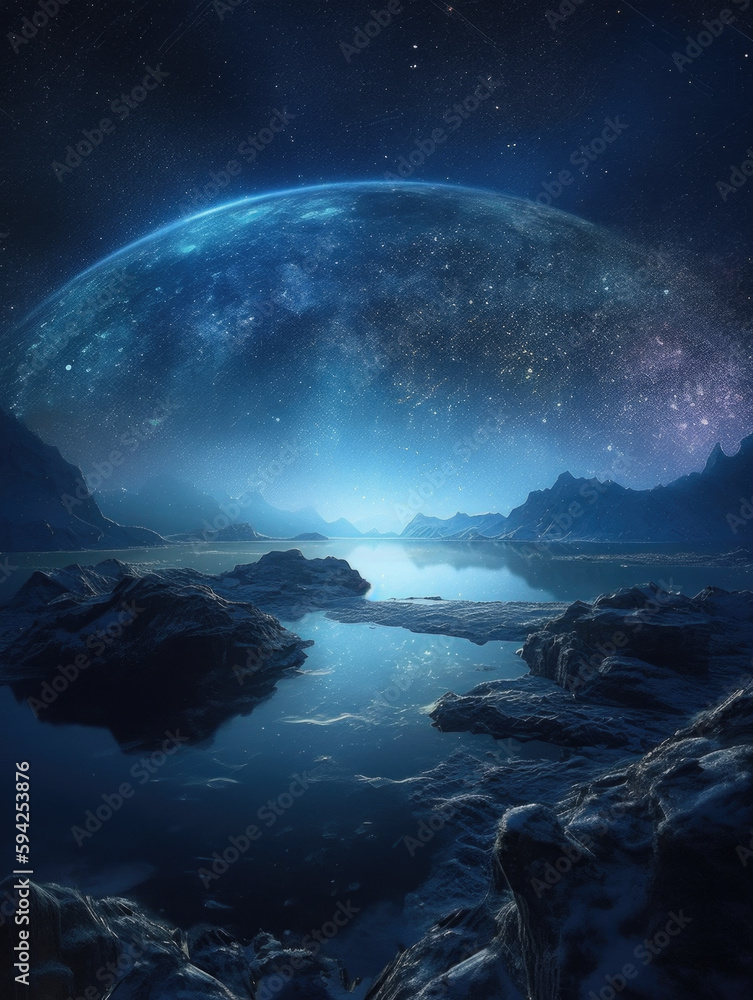 Image of a planet in space with rocks and water. Generative AI