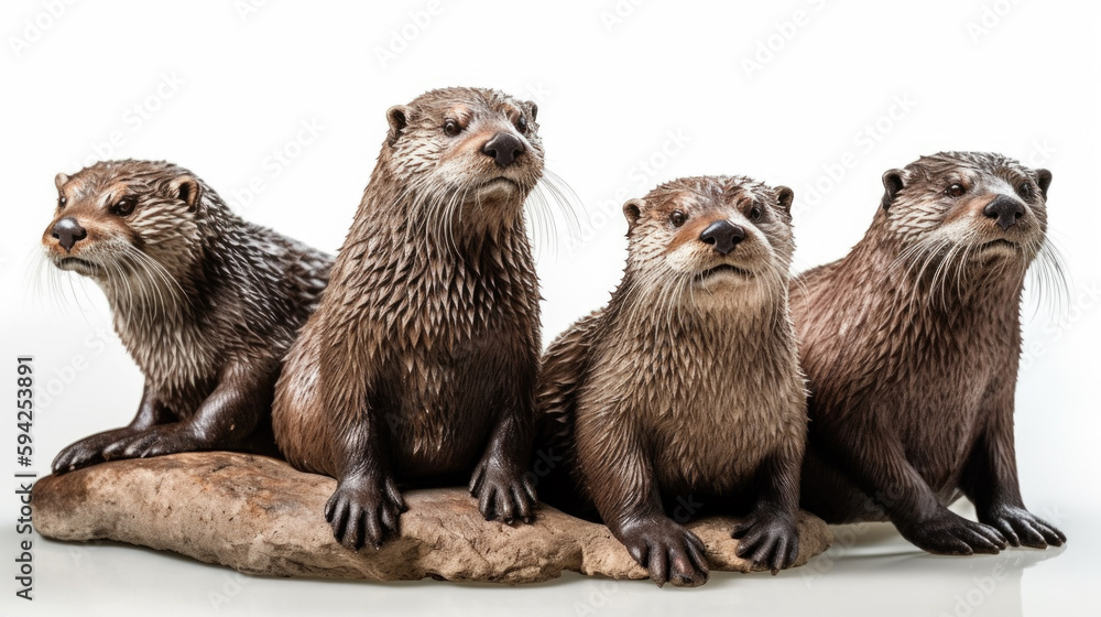 Four otter statues sitting on a rock. Generative AI Four otter statues sitting on a rock. Generative AI