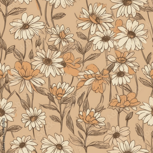 Seamless pattern of daisies on a beige background. Generative AI